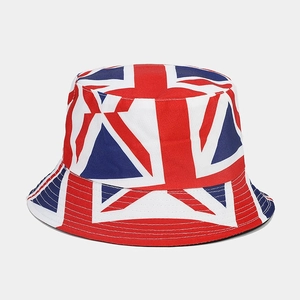 Close-up of the Union Jack pattern print and stitching detail on a canvas bucket hat