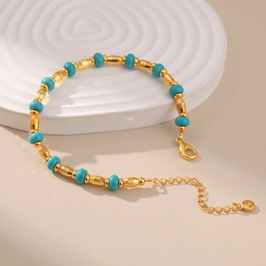 Vintage Turquoise Beaded Bracelet 18K Gold Plated Copper Retro Palace Style Adjustable Jewelry For Women