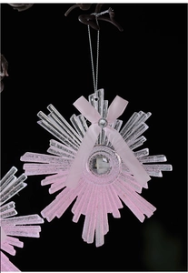 Macro detail of pink glitter snowflake ornament with a satin bow and central crystal gem