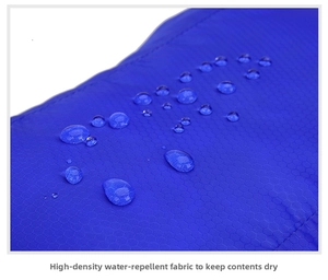 Macro detail of blue water-resistant honeycomb fabric with clear protective droplets