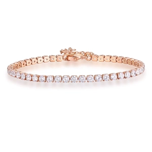 Elegant 18k rose gold plated tennis bracelet with sparkling round-cut crystals on white background