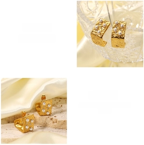 Detailed macro view of 18K gold plated hammered earrings with pearls and crystals