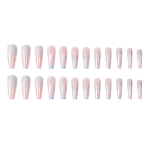 Pink and blue gradient long coffin press-on nails with silver sun moon and cloud patterns