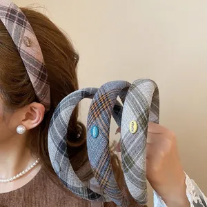 Plaid Fabric Headband Retro Korean Style Padded Hair Hoop Wide Non Slip High Top For Women Handmade Accessory
