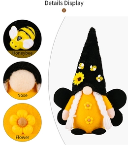 Detail display of bumblebee gnome showing fabric texture, flower and honeybee accents