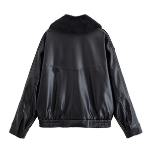 Black faux leather bomber jacket with faux fur collar shown from the back view