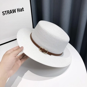 White flat-top straw boater hat with brown leather belt and gold buckle for sun protection