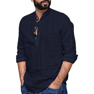 Detail view of deep blue cotton linen shirt with mandarin collar and four-button placket