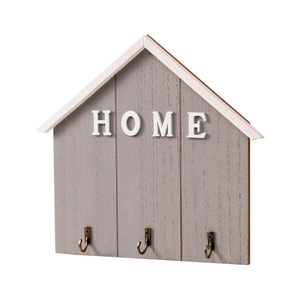 Nordic house shaped wooden wall hook rack with white HOME lettering and three hooks