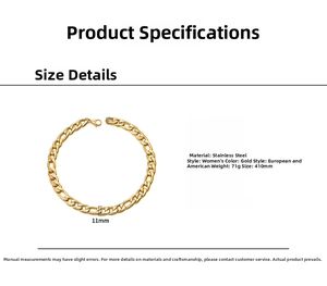 Detail showing dimensions of golden stainless steel Figaro chain for women