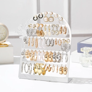 White 5-tier metal earring organizer stand with 56 holes and fairy silhouette design