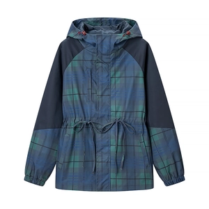 Veste à capuche vintage pour femme avec taille à cordon et motif à carreaux bleus