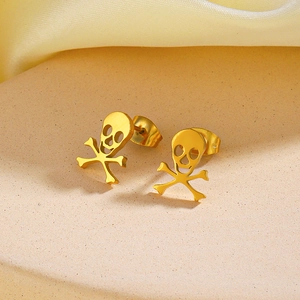 Boucles d'oreilles tête de mort dorées en acier inoxydable pour style Halloween
