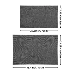 Size chart showing two grey non-slip door mats with ribbed texture and detailed measurements