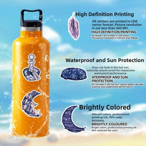 Waterproof holographic magic stickers applied on a yellow sports water bottle surface