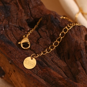 Macro shot of gold stainless steel lobster clasp and extension chain on charred wood