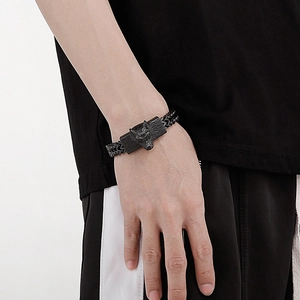 Men's hip-hop black stainless steel wolf head bracelet with double-row woven chain