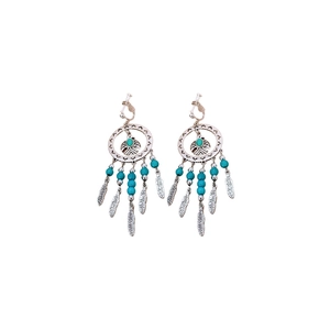 Bohemian silver dreamcatcher earrings with turquoise beads and five hanging metal feathers