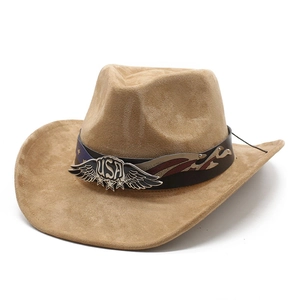 Faux suede western cowboy hat in khaki with eagle USA metal emblem and wide brim