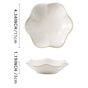 Macro shot of cream ceramic lotus flower plate with diameter and height dimensions