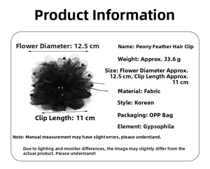 Detail specifications of black peony feather hair claw clip with size and weight info