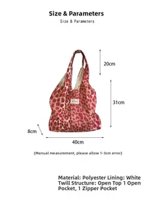 Detail view of pink leopard tote bag with polyester material and internal pocket layout