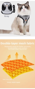Detail view of breathable grey cat harness showing double-layer large mesh fabric texture