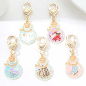 5-piece creative metal enamel keychain set with sea animal designs and gold heart clasps