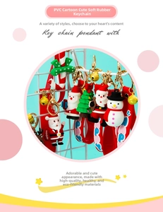 Detail of Christmas PVC keychains featuring Santa Claus, pine tree, and a bell charm