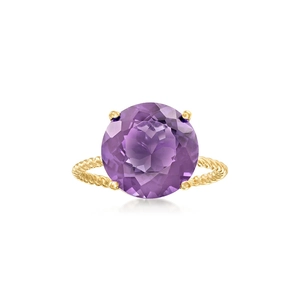 Macro shot of a twisted gold ring featuring a four-prong set round purple amethyst