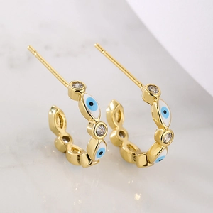 Evil Eye C-Hoop Earrings Copper 18K Gold Plated Cubic Zirconia Enamel Retro Drip Oil Fashion For Women