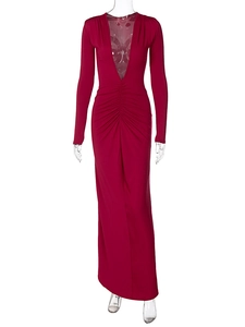 Detail view of red V-neck maxi dress featuring elegant waist pleats and slim fit silhouette