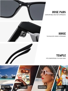 Detail view of nose pads and hinges on retro square sunglasses with lifestyle scenes