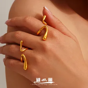 Irregular Wave Ring Stainless Steel Polished High Texture Liquid Metal Style Geometric Minimalist Trendy For Women