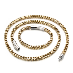 Polished silver and gold tone dragon bone chain necklace and bracelet set with magnetic clasp