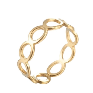 Detailed view of the gold hollow oval link ring with a geometric minimalist design