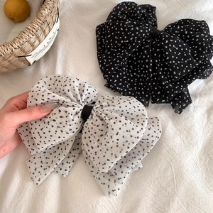 French vintage polka dot chiffon bow hair clips in black and white set for women