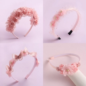 Floral Headband With Cloth Flowers Lace Mesh Butterfly And Artificial Pearl Decoration Sweet Hair Hoop For Women Girls