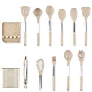 13-piece beige silicone cooking utensil set with stainless steel handles and holder