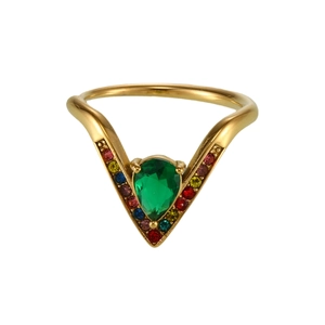 Bague en V dorée ajustable avec zircon vert poire et pierres latérales multicolores