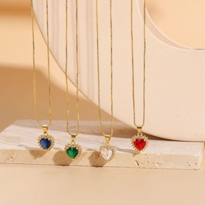 Luxury heart zircon necklaces in four colors with 14K gold plated box chains