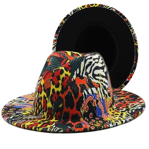 Fedoras hat with leopard print and zebra patterns on brim in front and side views