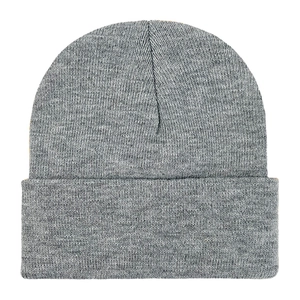 Classic grey knitted beanie hat with a warm ribbed texture and elastic acrylic fabric