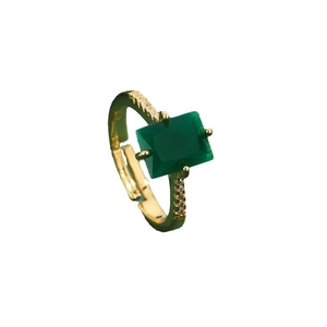 Vintage gold adjustable ring with square green zircon and side crystals on white background