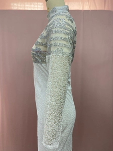 Detail view of white sequins and beaded embroidery on transparent mesh long sleeves