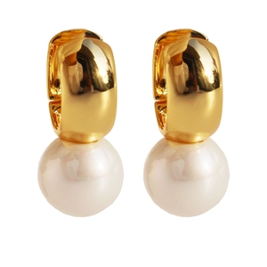 Elegant gold U-shape hoop earrings with large white round pearls on white background