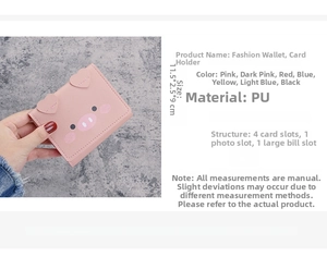 Detail view of pink cartoon pig wallet showing dimensions 11.5x2.5x9cm and PU leather texture