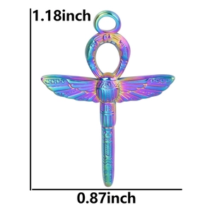 Detailed dimensions of a colorful iridescent Ankh and scarab pendant made of steel