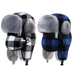 Winter plaid trapper hat with windproof face mask and warm faux fur lining for men and women