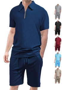 Detailed knit texture and color options for men's waffle polo and shorts set